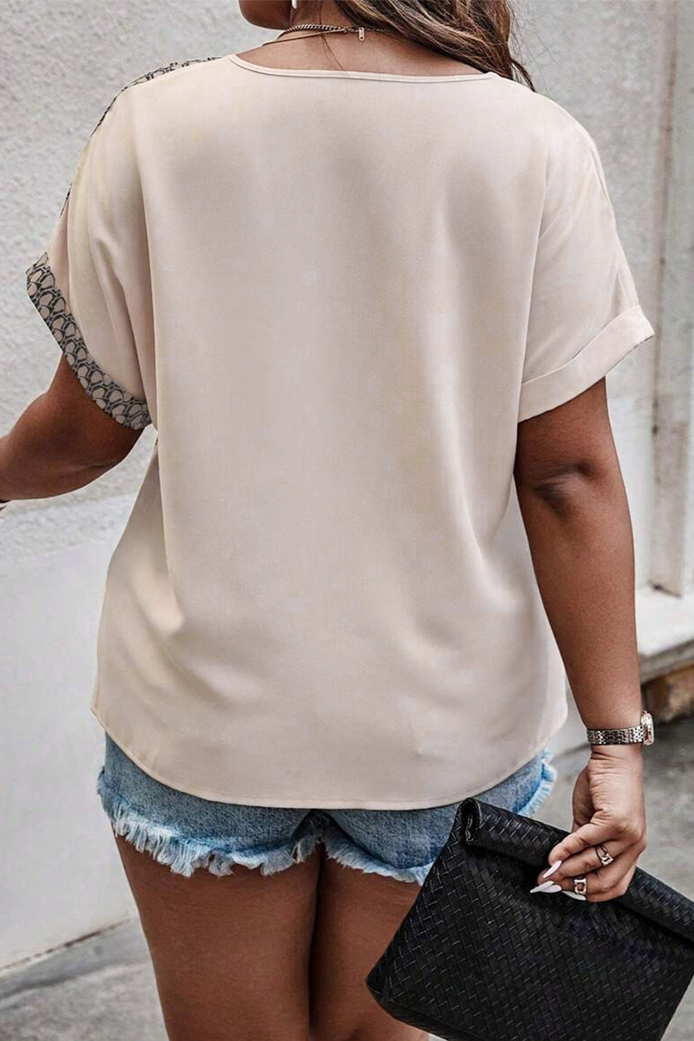 Oatmeal Contrast Geometric Print Patchwork V Neck Short Sleeve Top
