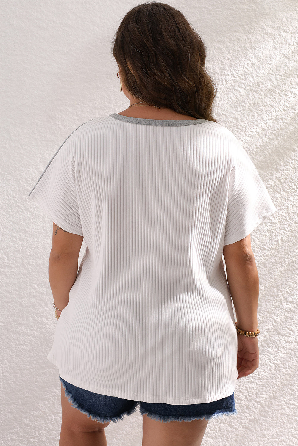 White Colorblock Patchwork Batwing Sleeve Ribbed T Shirt