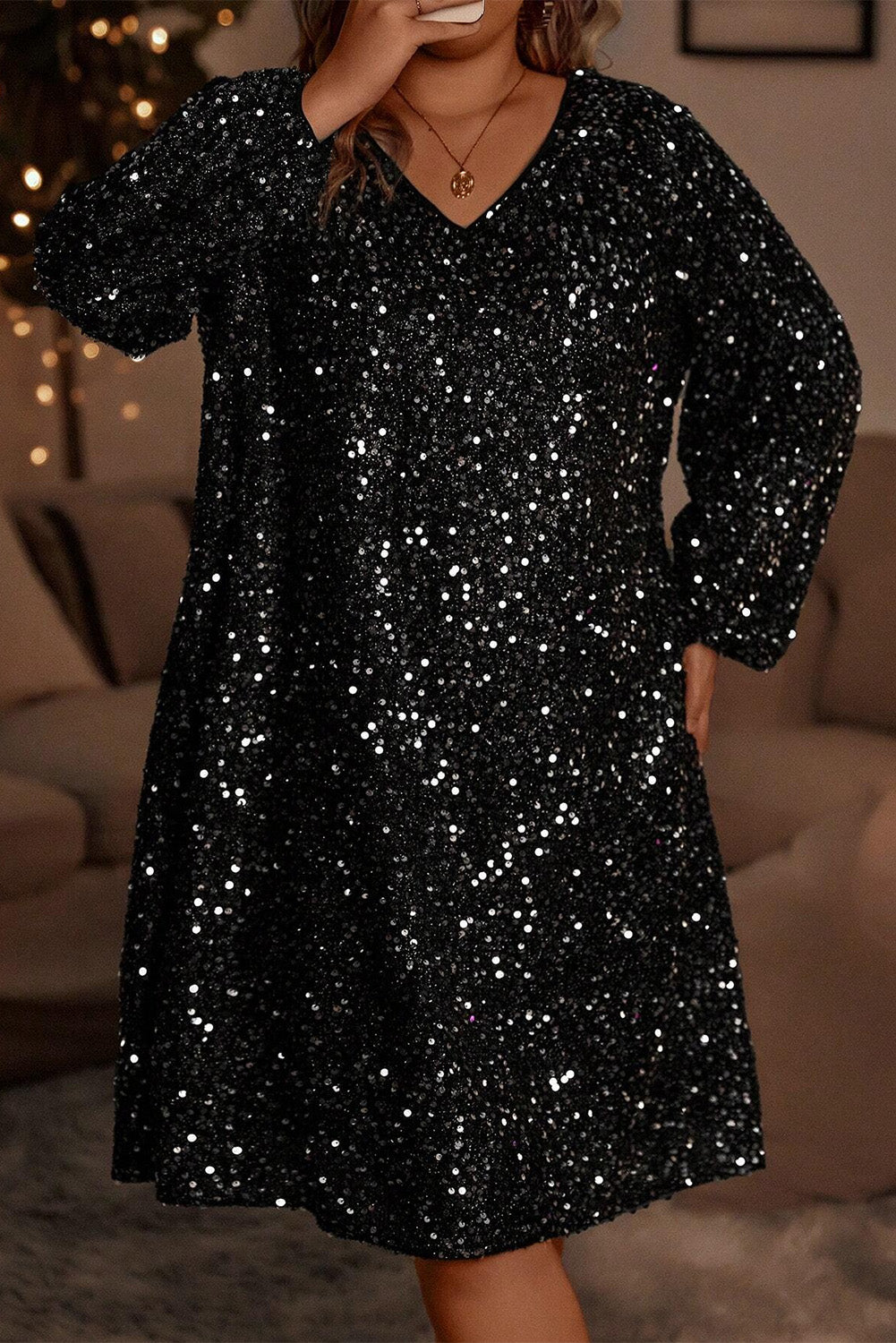 Color black Bubble Sleeve V Neck Sequin Dress