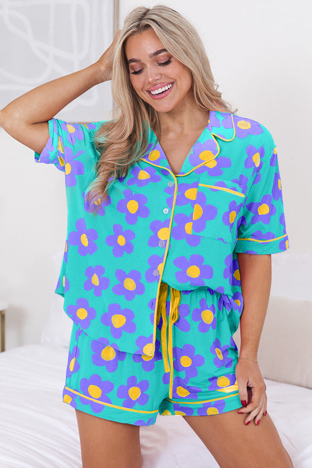 Green Flower Print Short Sleeve Shirt Pajamas Set (Extended Sizes)