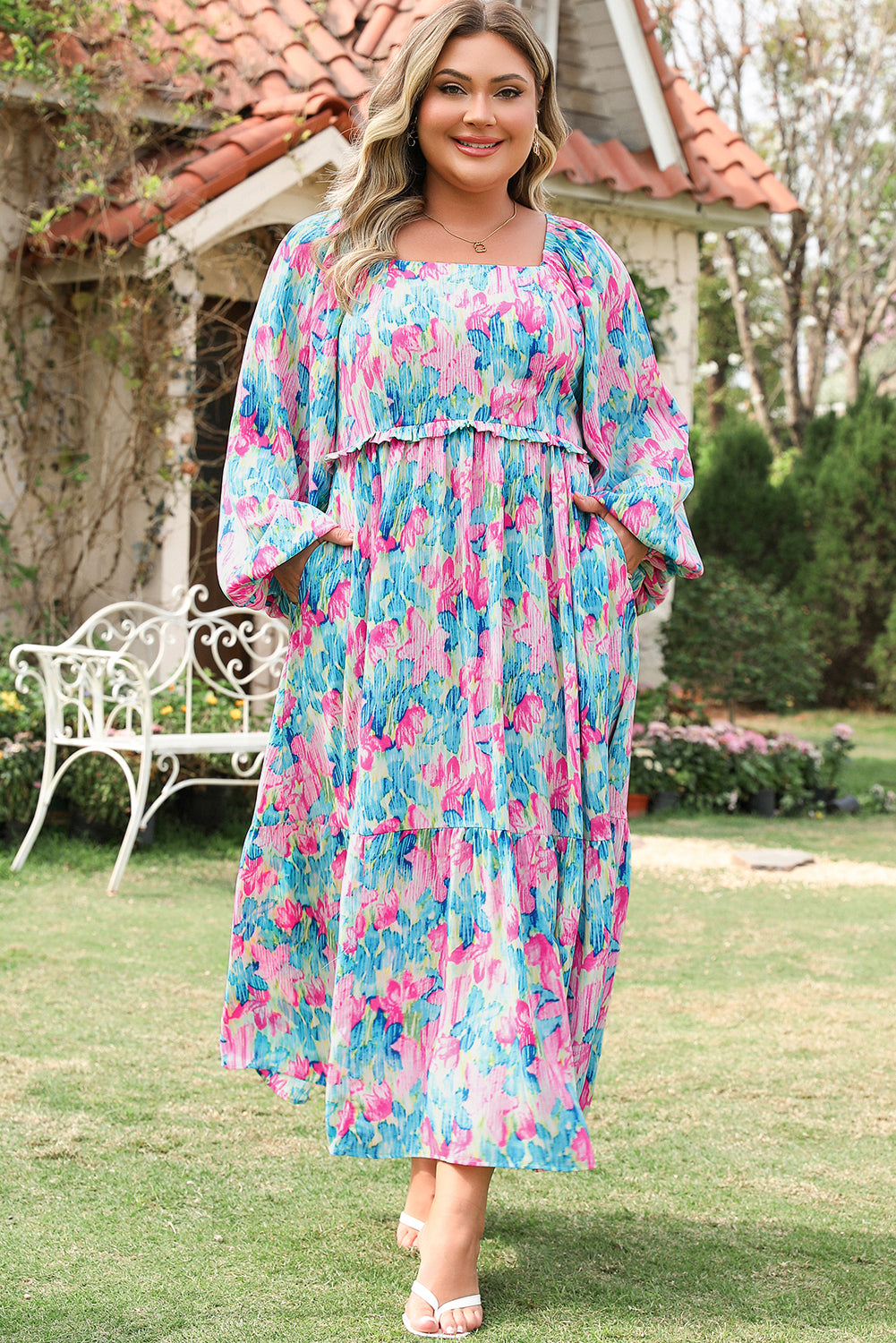 Sky Blue Floral Allover Print Shirred Square Neck Maxi Dress