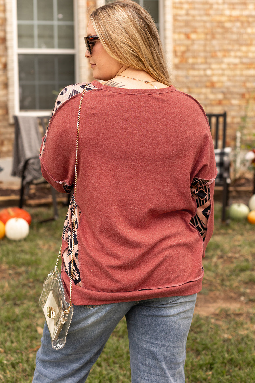 Redwood Burl Aztec Patchwork Drop Shoulder High Low Sweatshirt