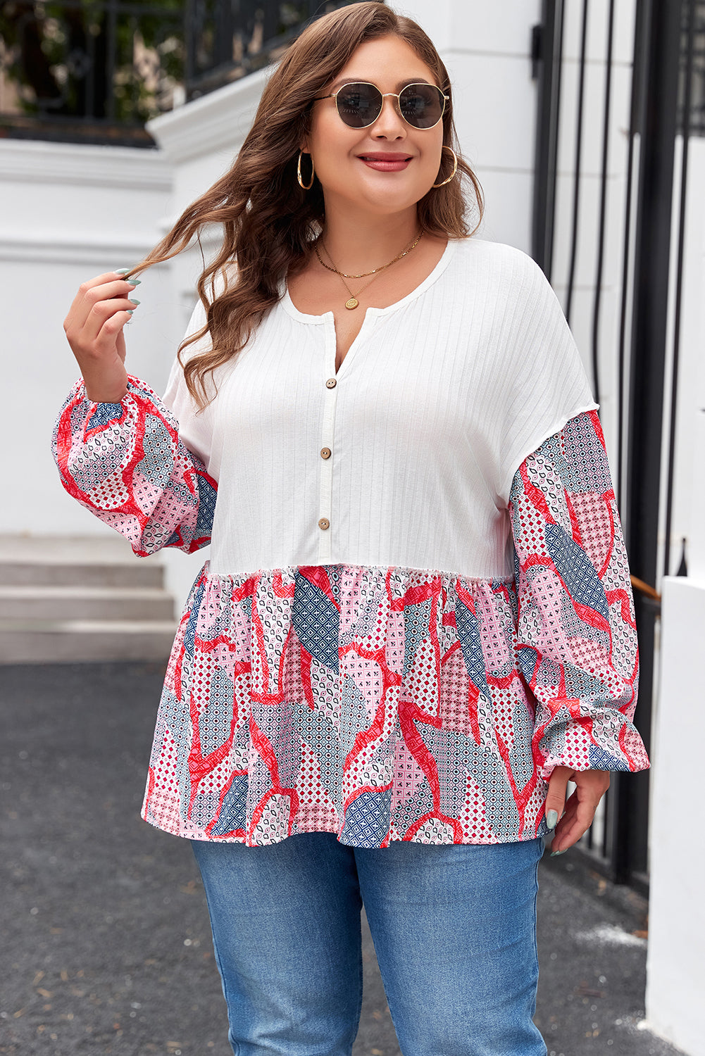 Apricot Printed Patchwork Textured Buttoned Blouse