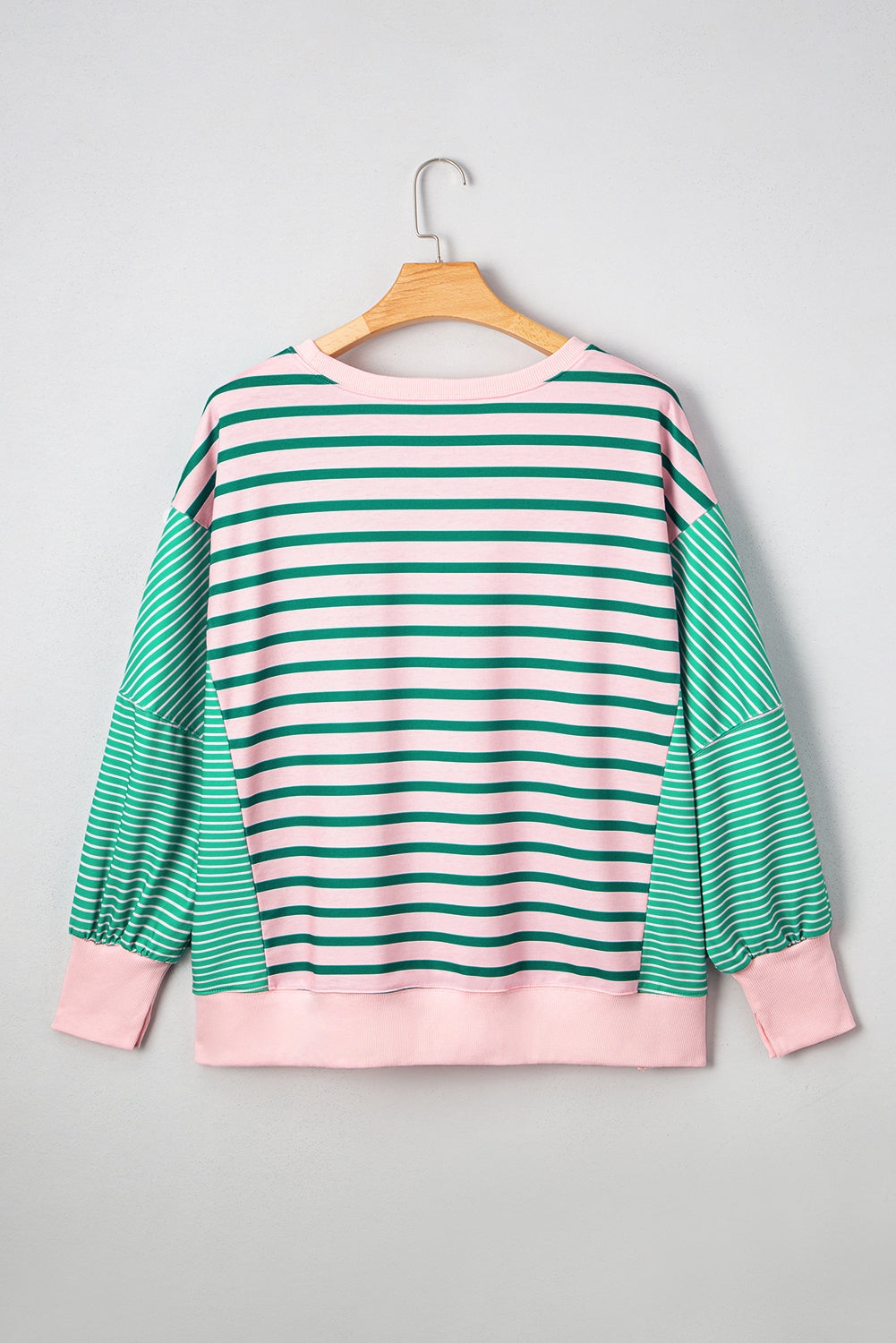 Green Stripe Color Block Exposed Seam Side Slit Sweatshirt
