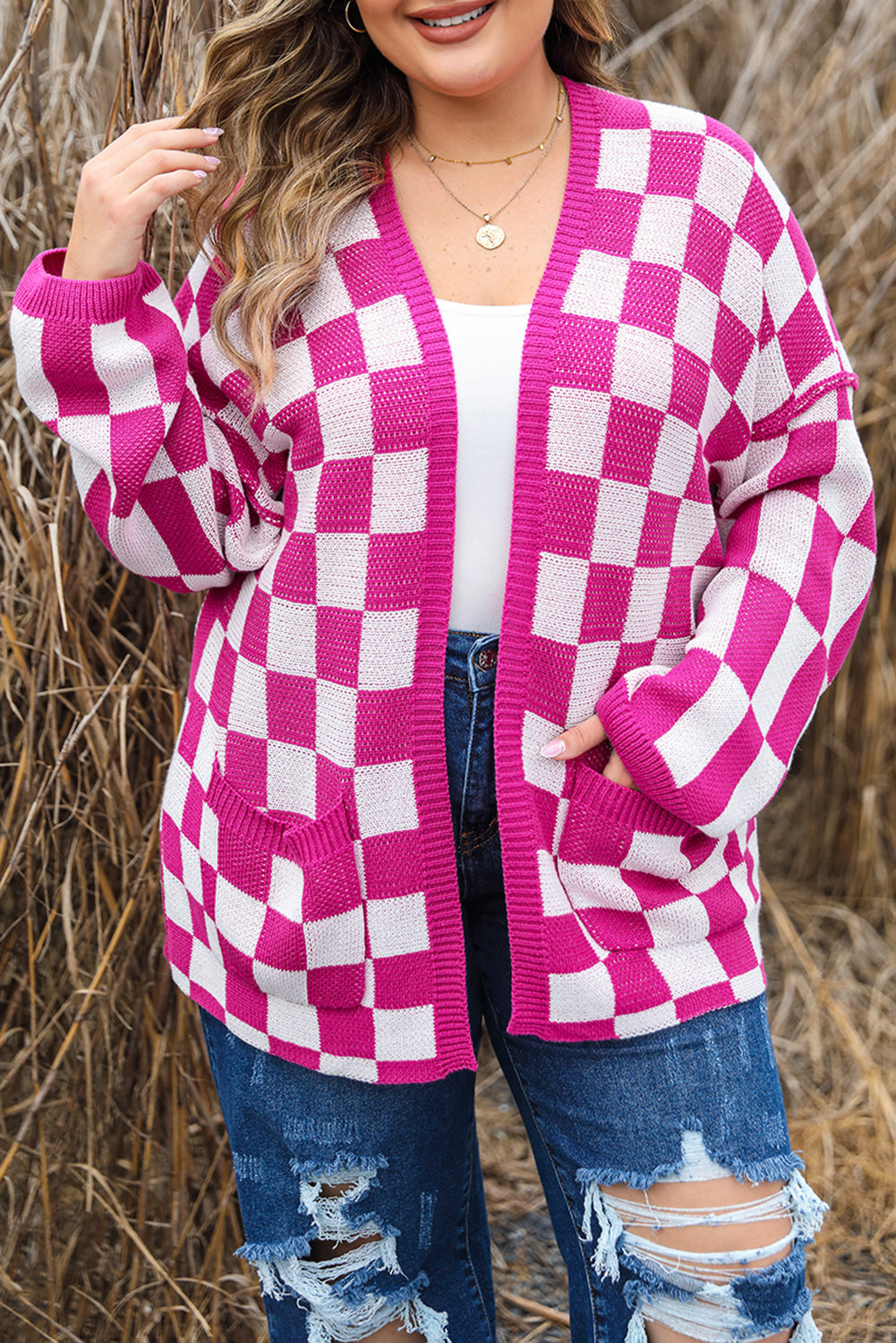 Bonbon Checkered Pattern Open Front Cardigan