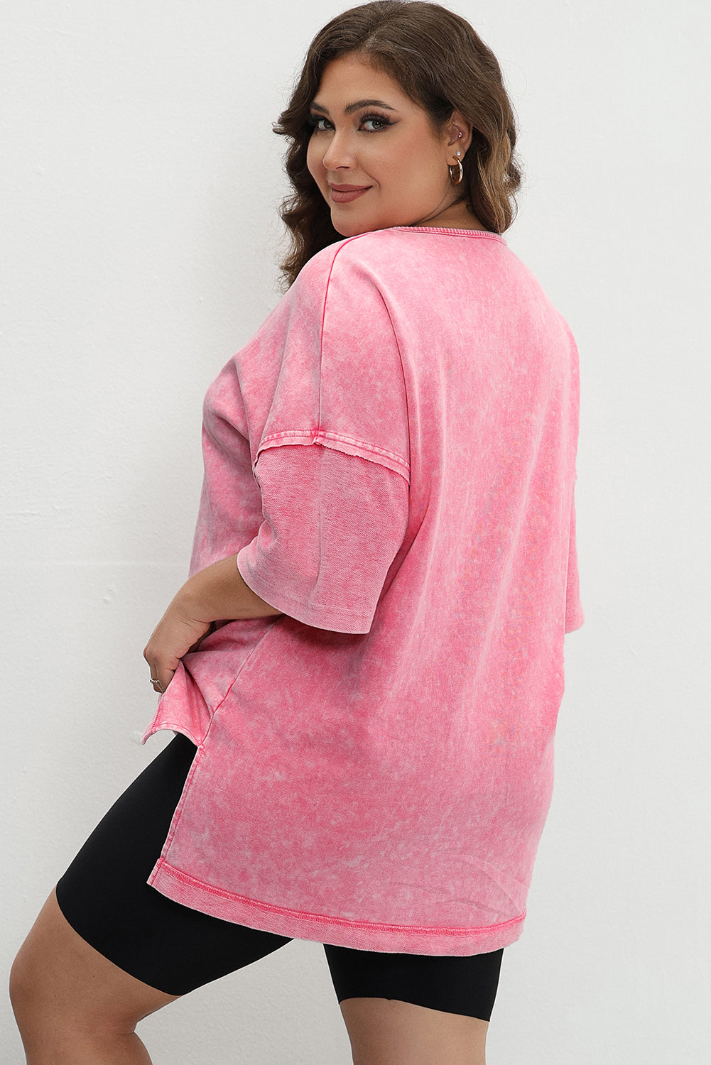 Strawberry Pink Mineral Wash Drop Sleeve Patchwork Tee