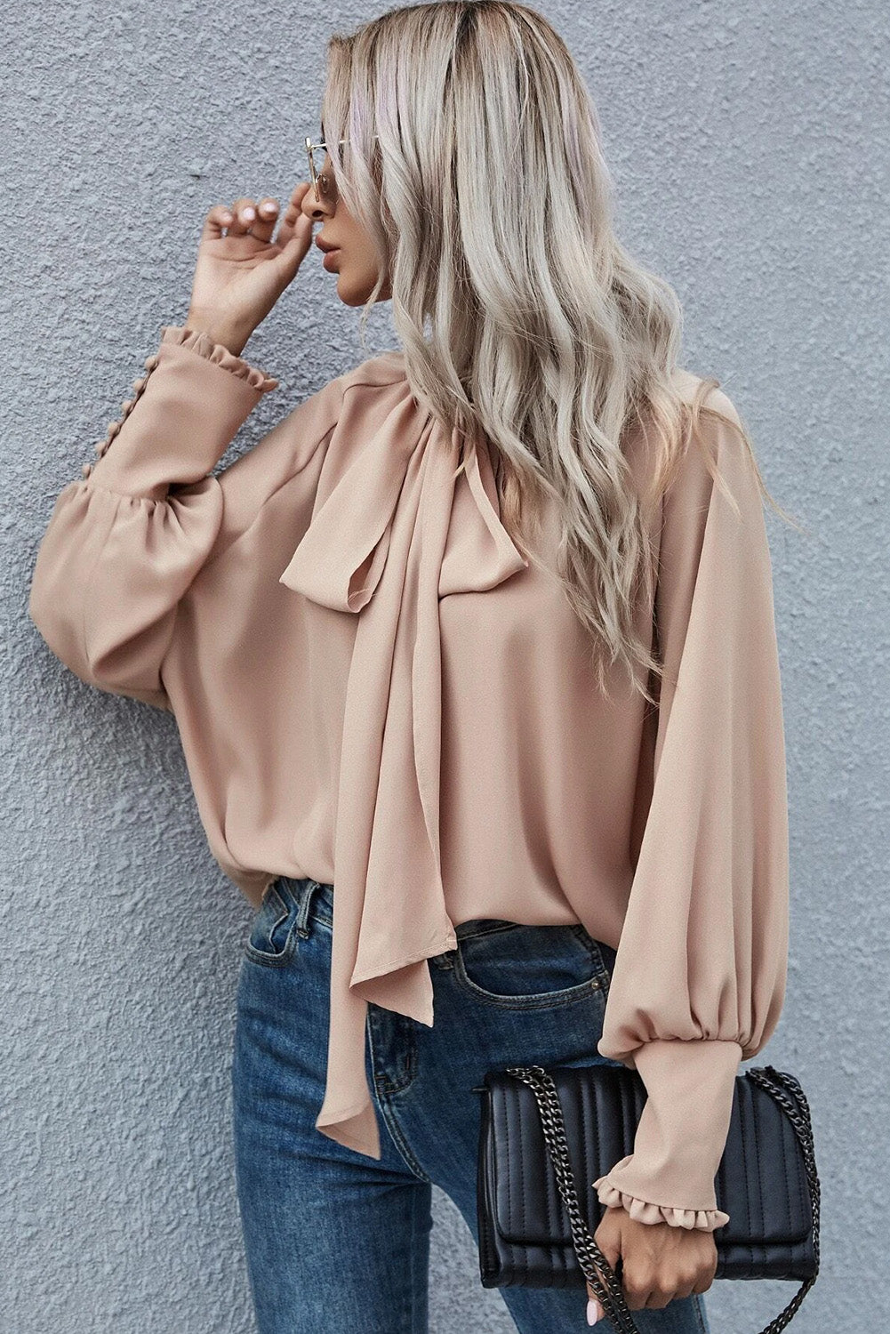 Khaki Frilled Knotted Mock Neck Bishop Sleeve Blouse (Extended Sizes)