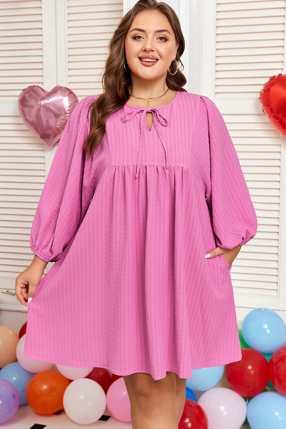 Sachet Pink Textured Tie Split Neck Puff Sleeve Flowy Mini Dress