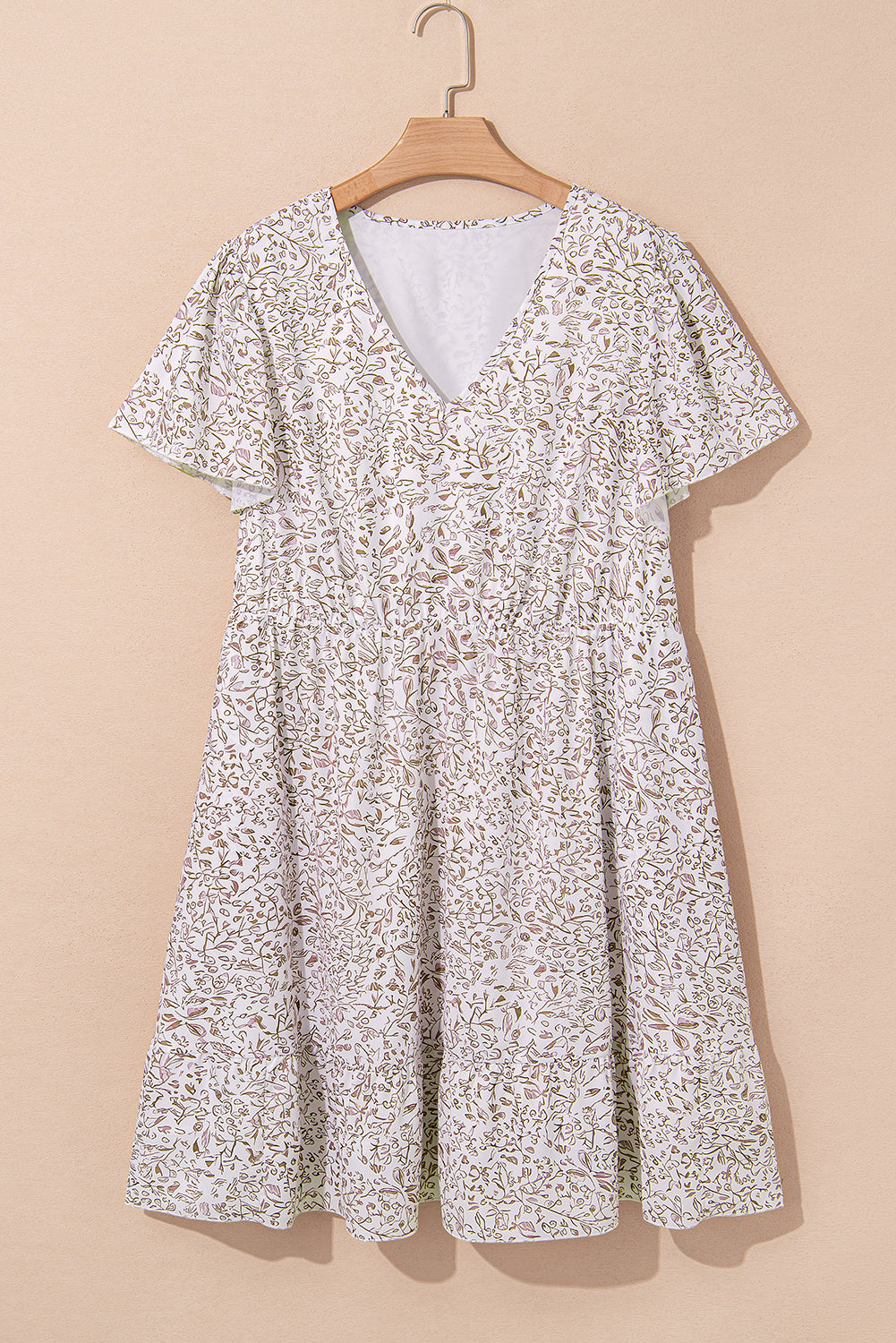 White Floral V Neck Ruffled Short Sleeve Dress