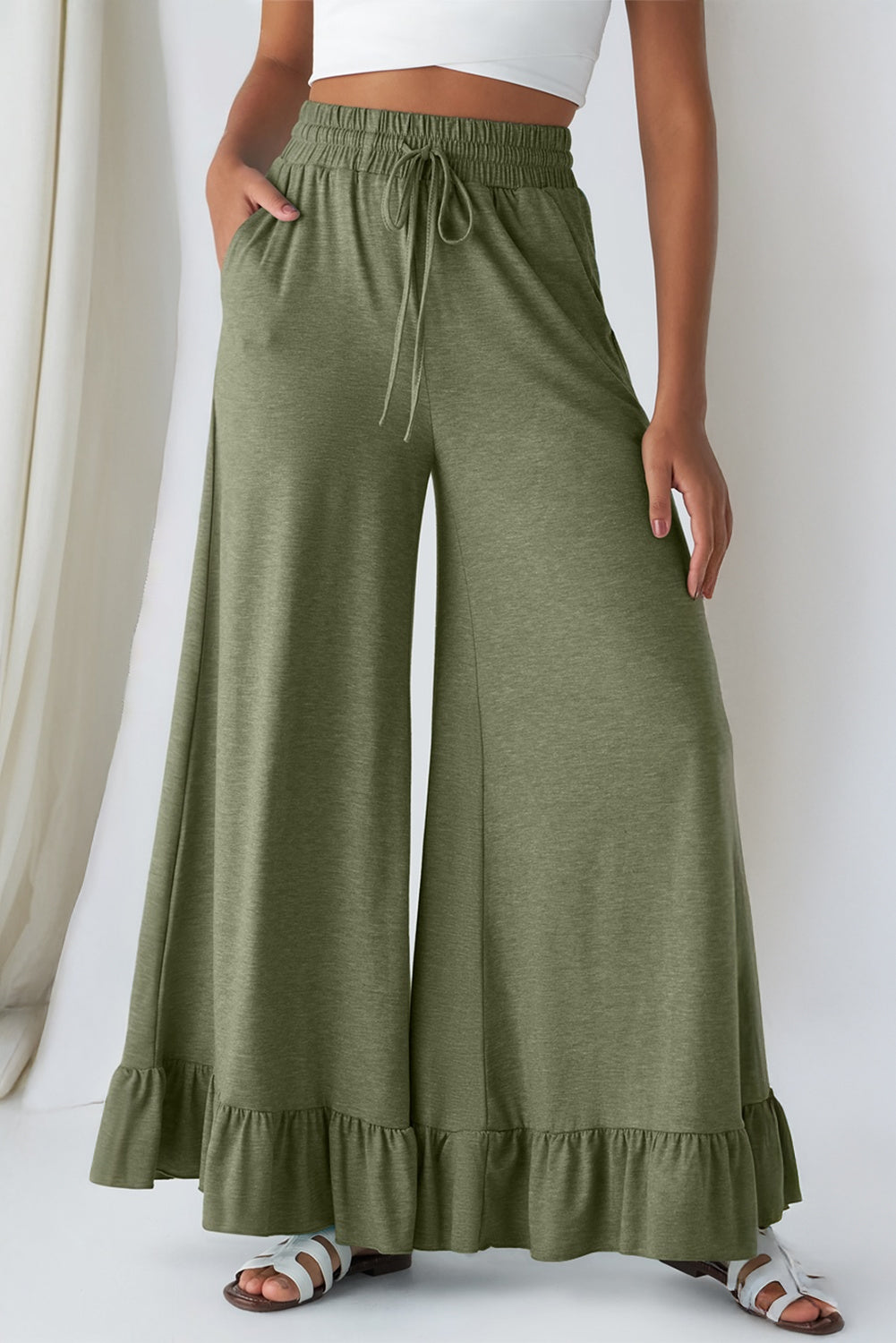 Ruffled Wide Leg Pull On High Waist Pants with Pockets (Other Colors)(Extended Sizes)
