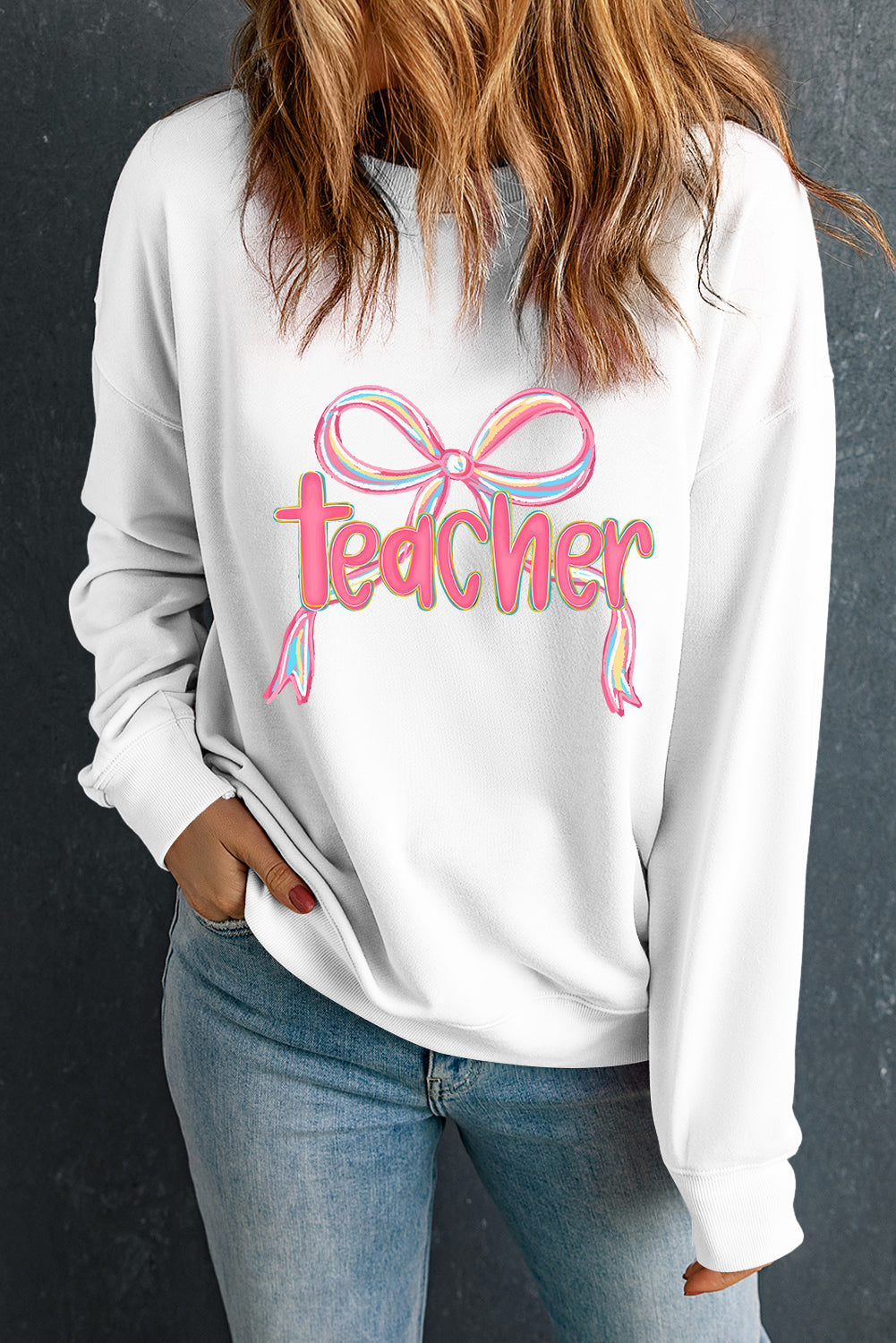 White Teacher Bow PNG Graphic Pullover Sweatshirt (Extended Sizes)
