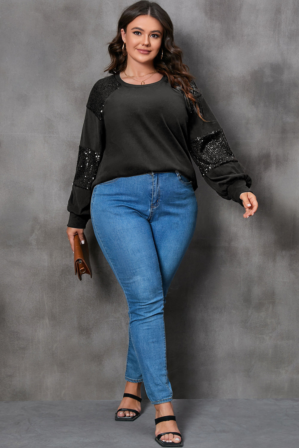 Black Sequin Patchwork Crew Neck Long Sleeve Top