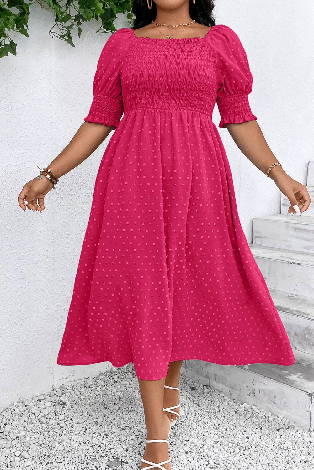 Sachet Pink Swiss Dot Smocked Frilled Neckline Short Sleeve Dress