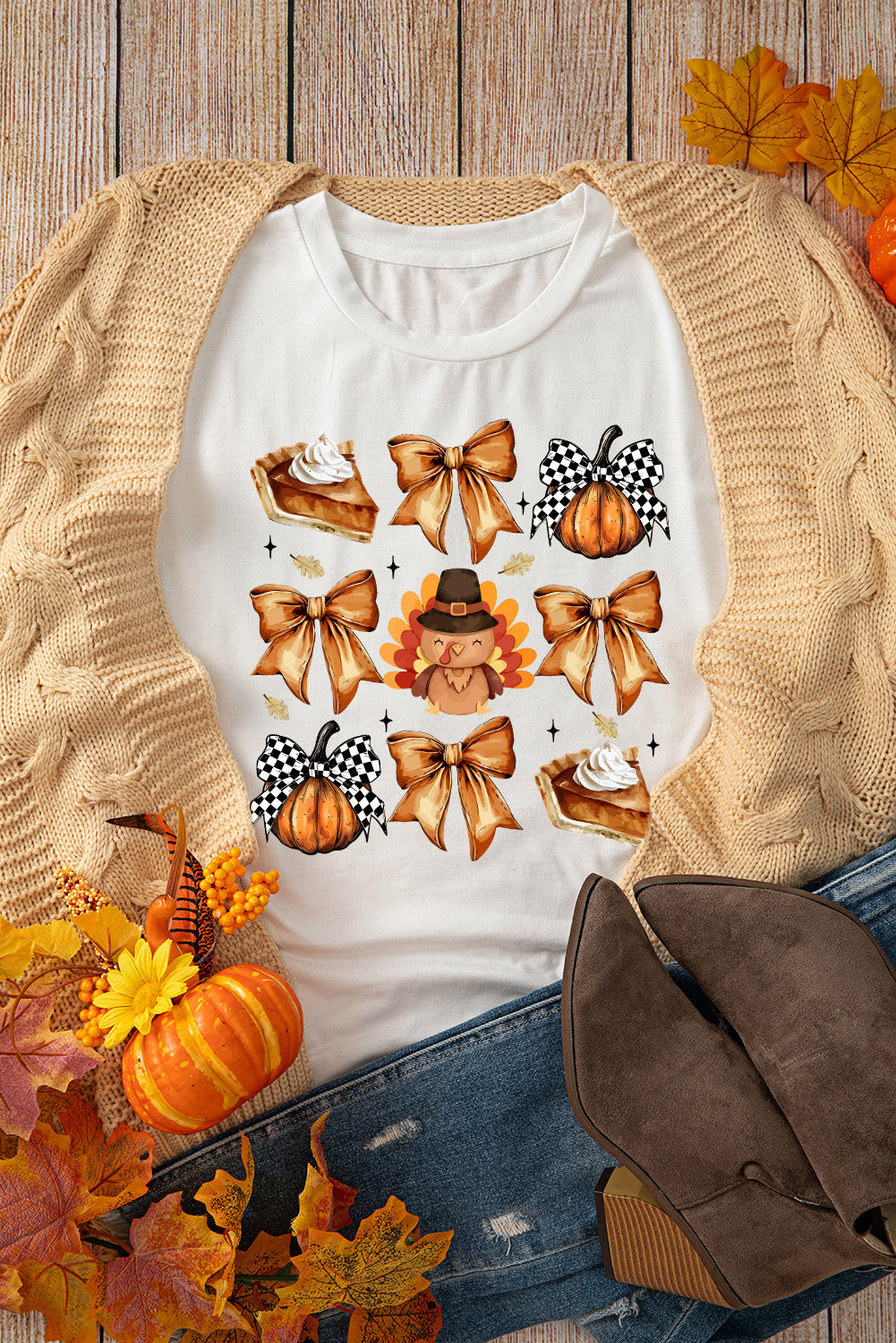 White Cute Bowknot Tanksgiving Graphic Crewneck T Shirt (Extended Sizes)