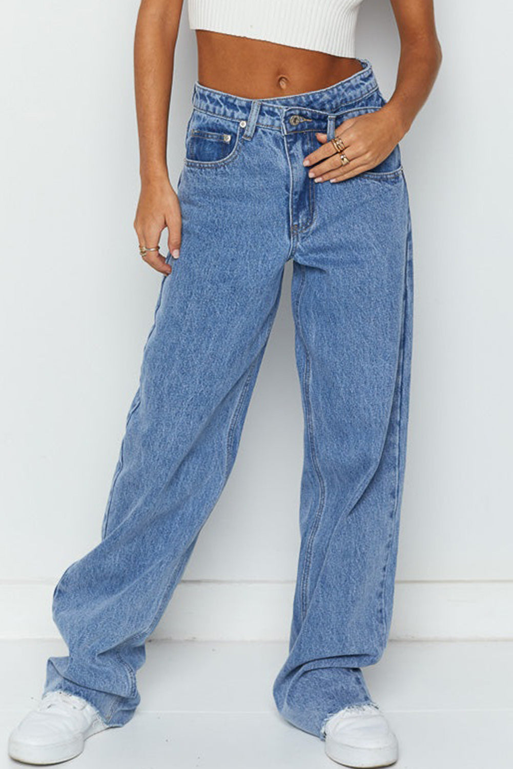 Blue Mid Rise Asymmetrical Waist Wide Leg Jeans (Extended Sizes)
