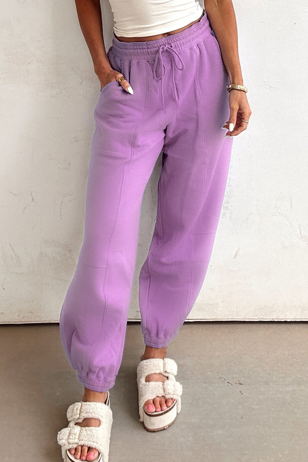Light Pink Drawstring Elastic Waistband Solid Color Jogger Pants