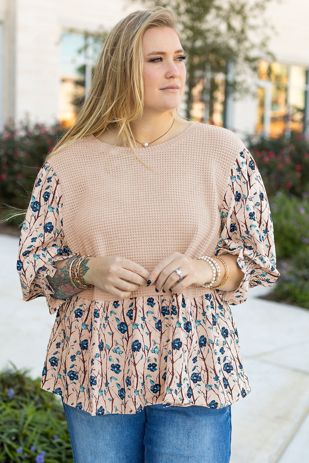 Beige Faux Two Piece Knit Patchwork Floral Print Top