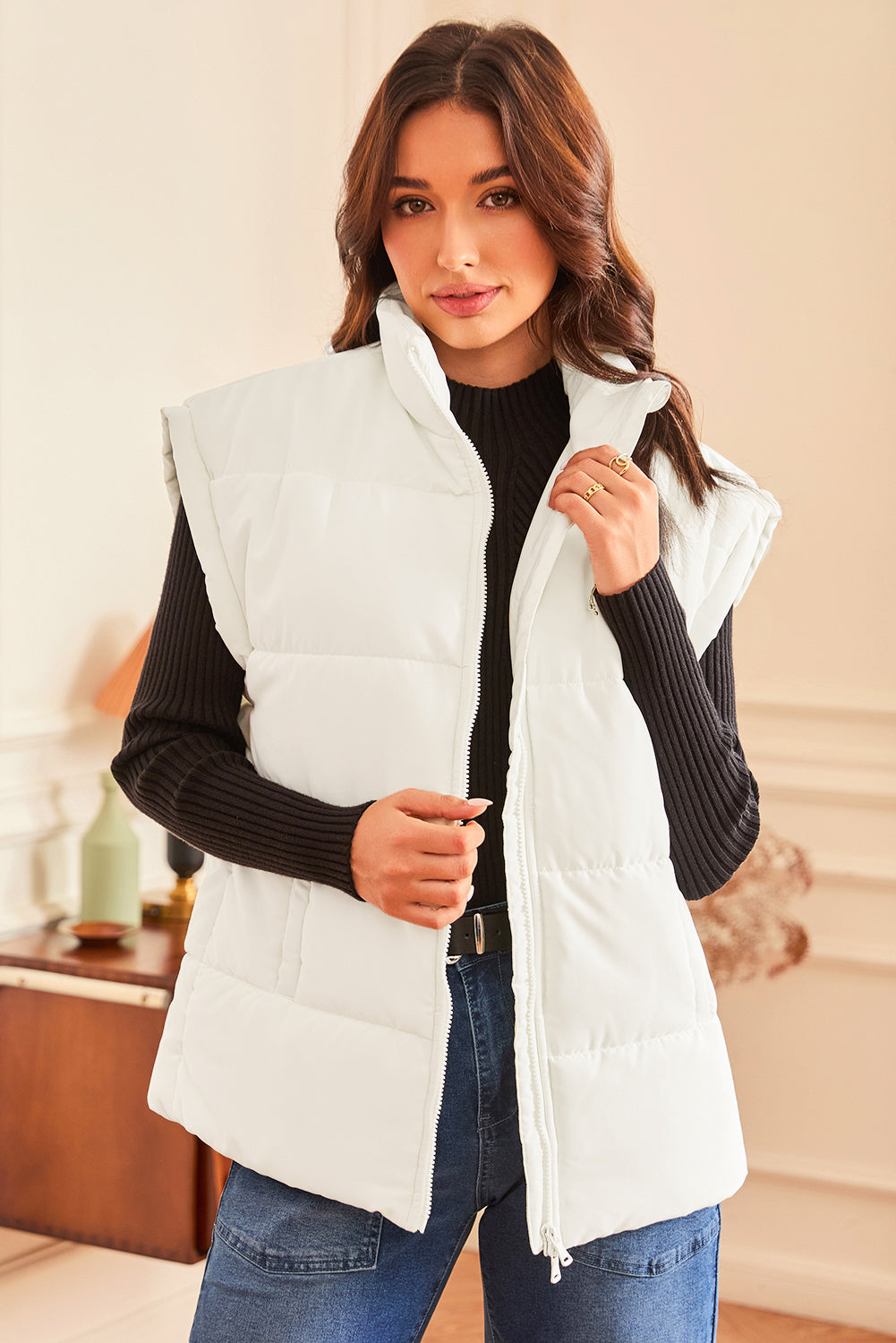 Beige Zipper Stand Neck Oversized Puffer Vest (Extended Sizes)