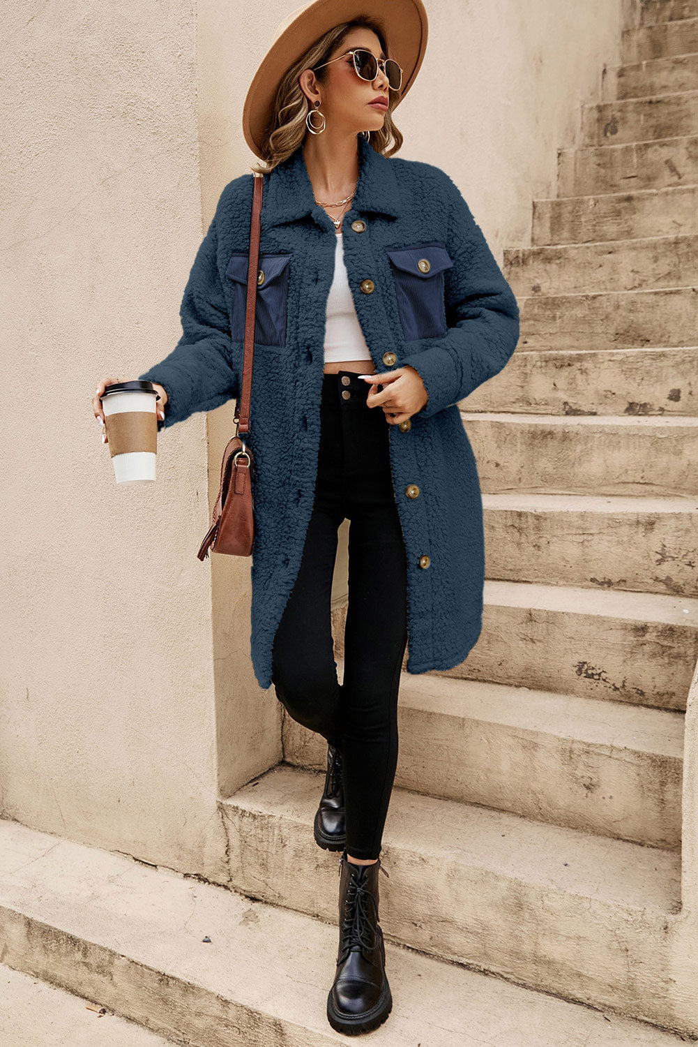 Blue Contrast Flap Pocket Single Breasted Teddy Coat (Extended Sizes)