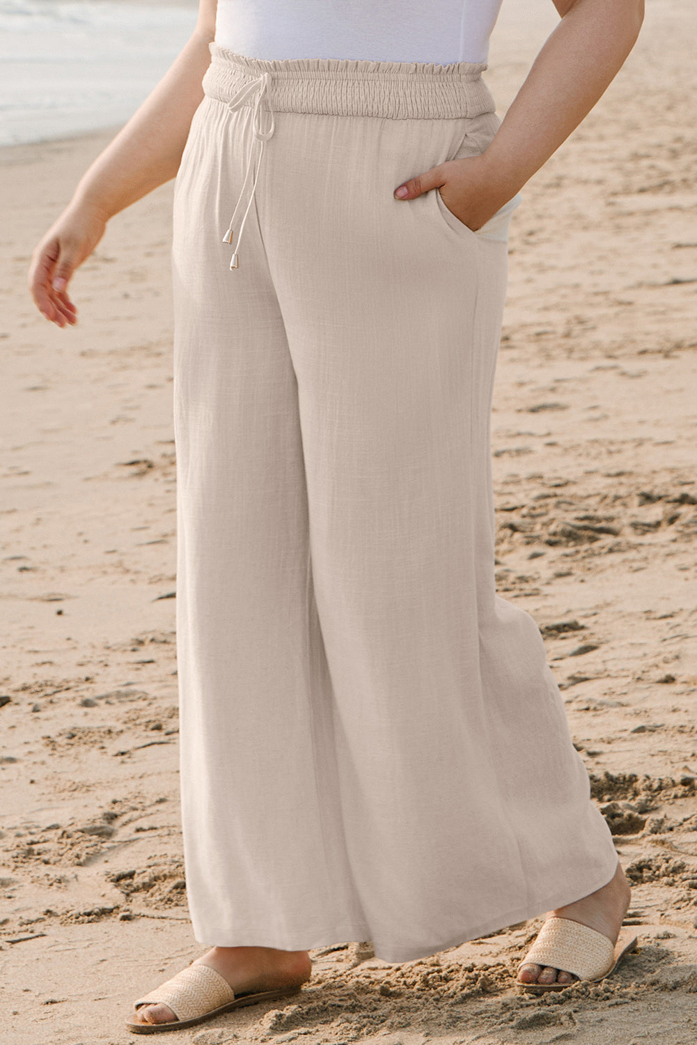 Beige Smocked High Waist Wide Leg Pants