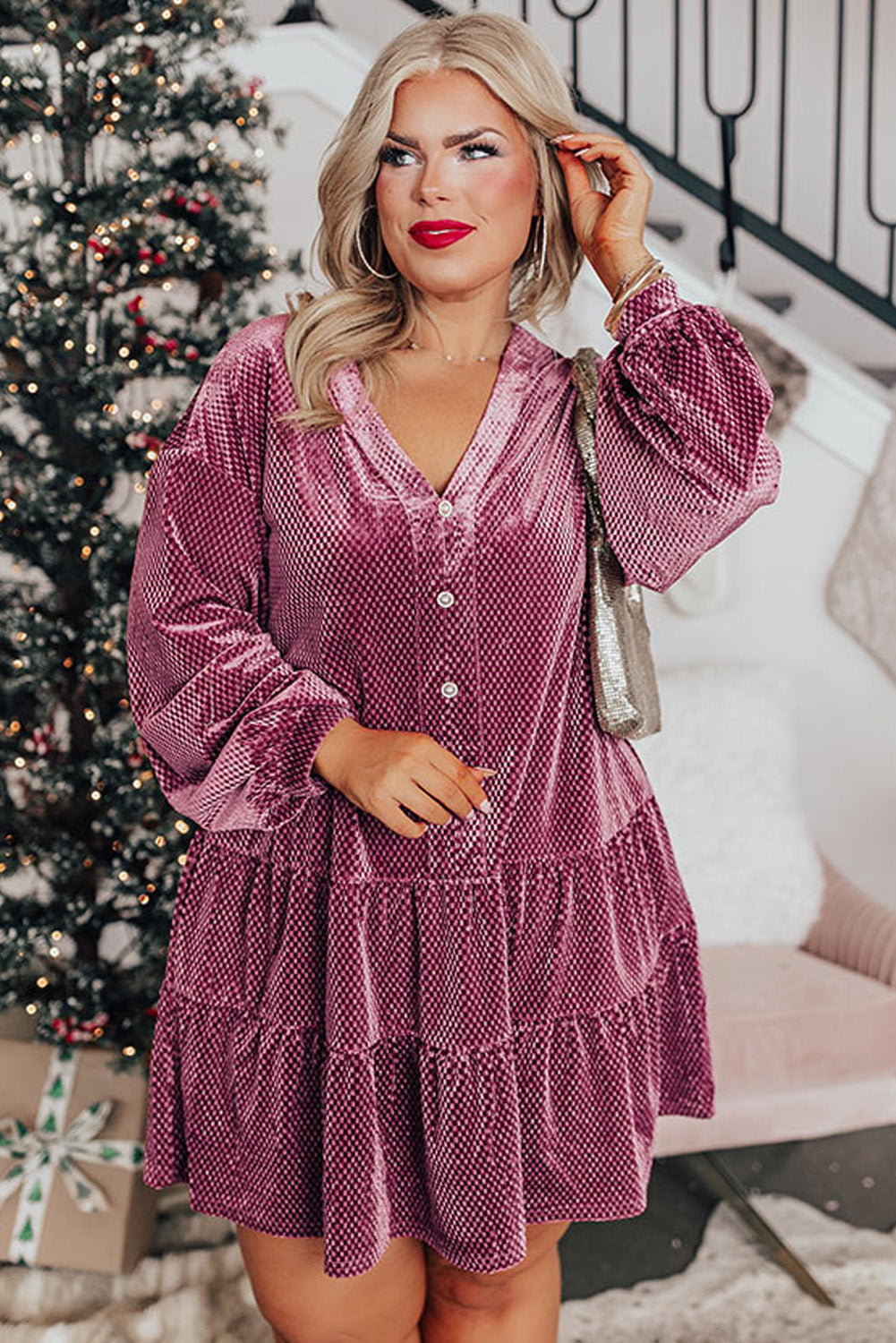 Meadow Mauve Textured Velvet Tiered Buttons Tiered Dress