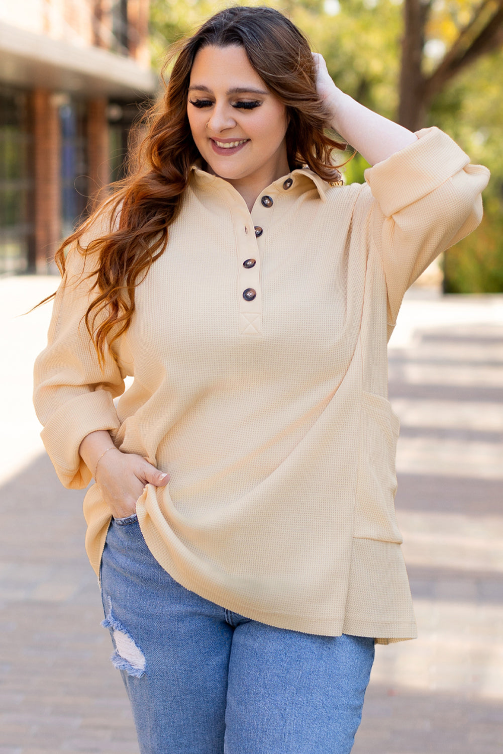 Jet Stream Thermal Waffle Knit Henley Tunic Top