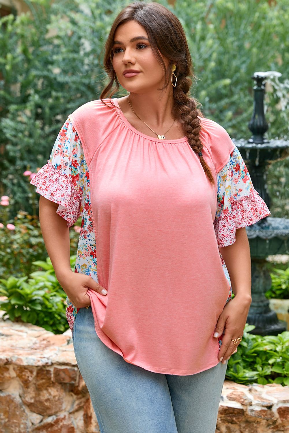 Pink Floral Patchwork Ruffled Short Sleeve Blouse