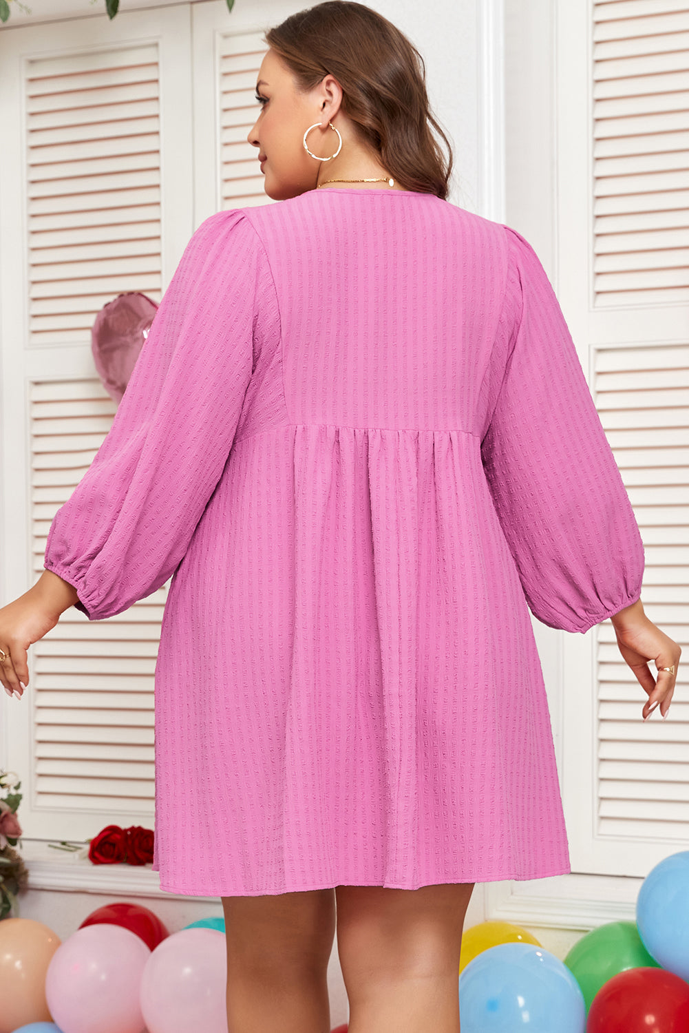 Sachet Pink Textured Tie Split Neck Puff Sleeve Flowy Mini Dress
