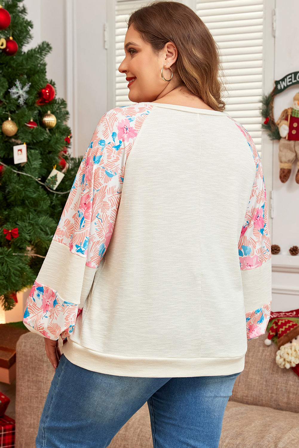 Apricot Floral Patchwork Ribbed Puff Sleeve Top