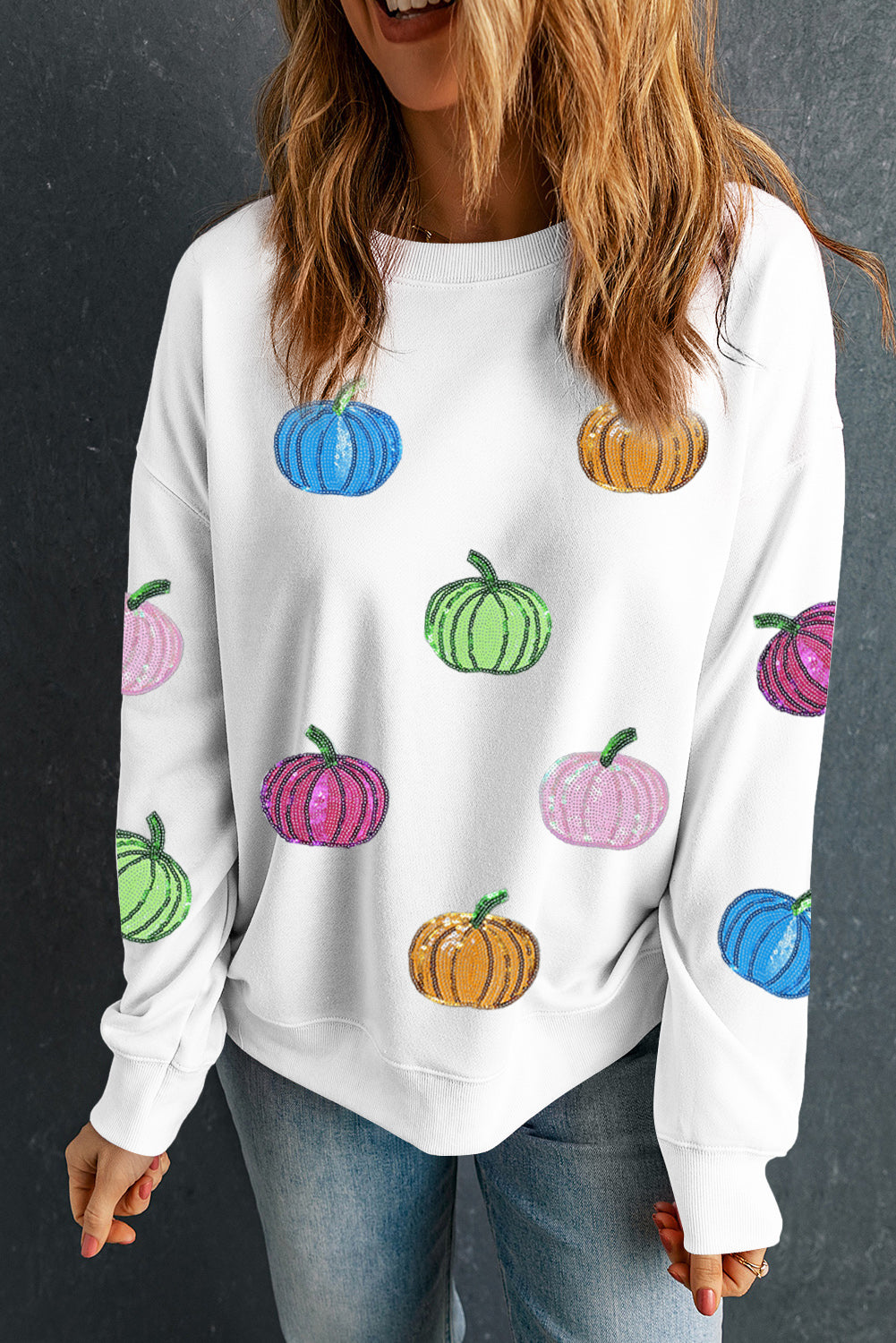 White Colorful Pumpkin Sequin Patched Drop Shoulder Sweatshirt (Extended Sizes)