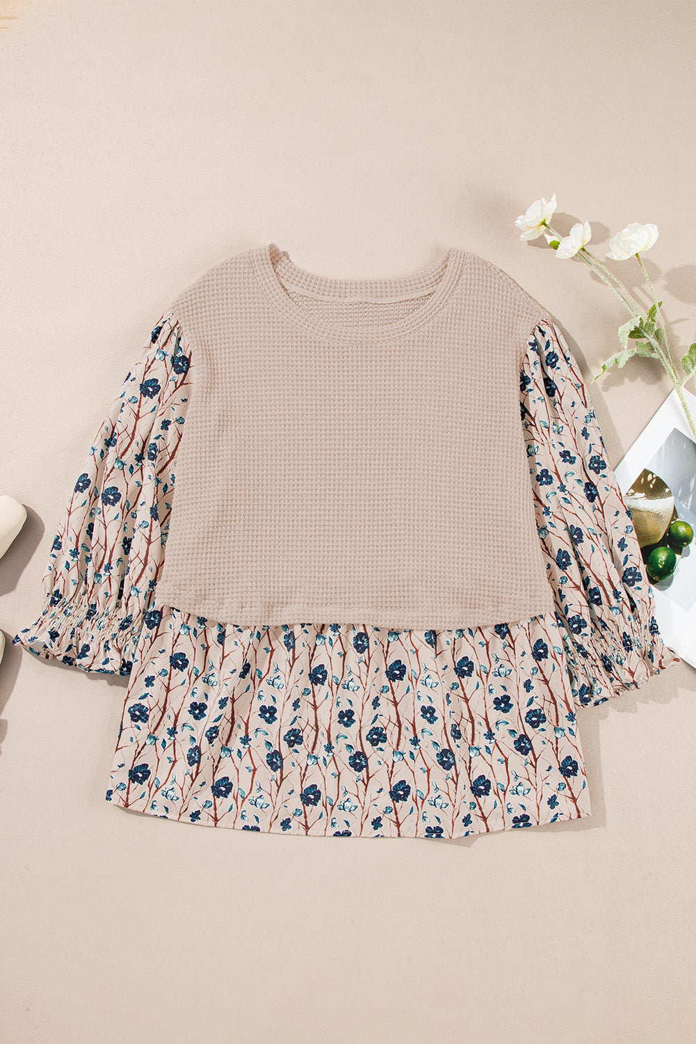 Beige Faux Two Piece Knit Patchwork Floral Print Top