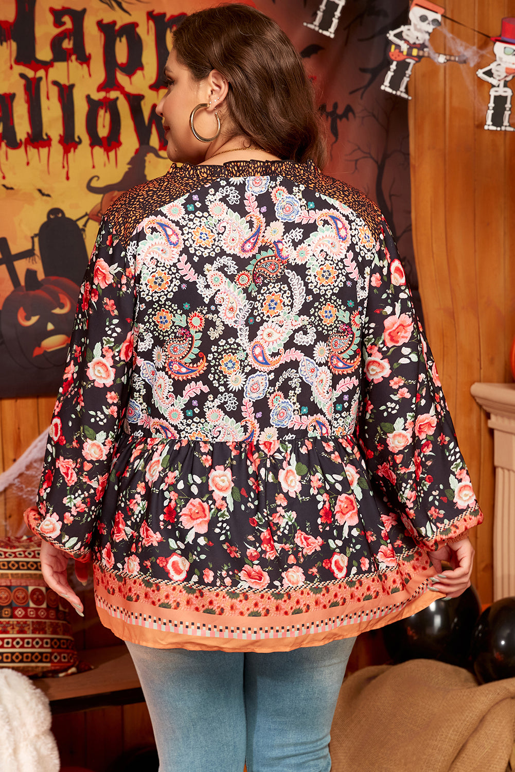 Black Paisley Floral Print V Neck Bubble Sleeve Blouse