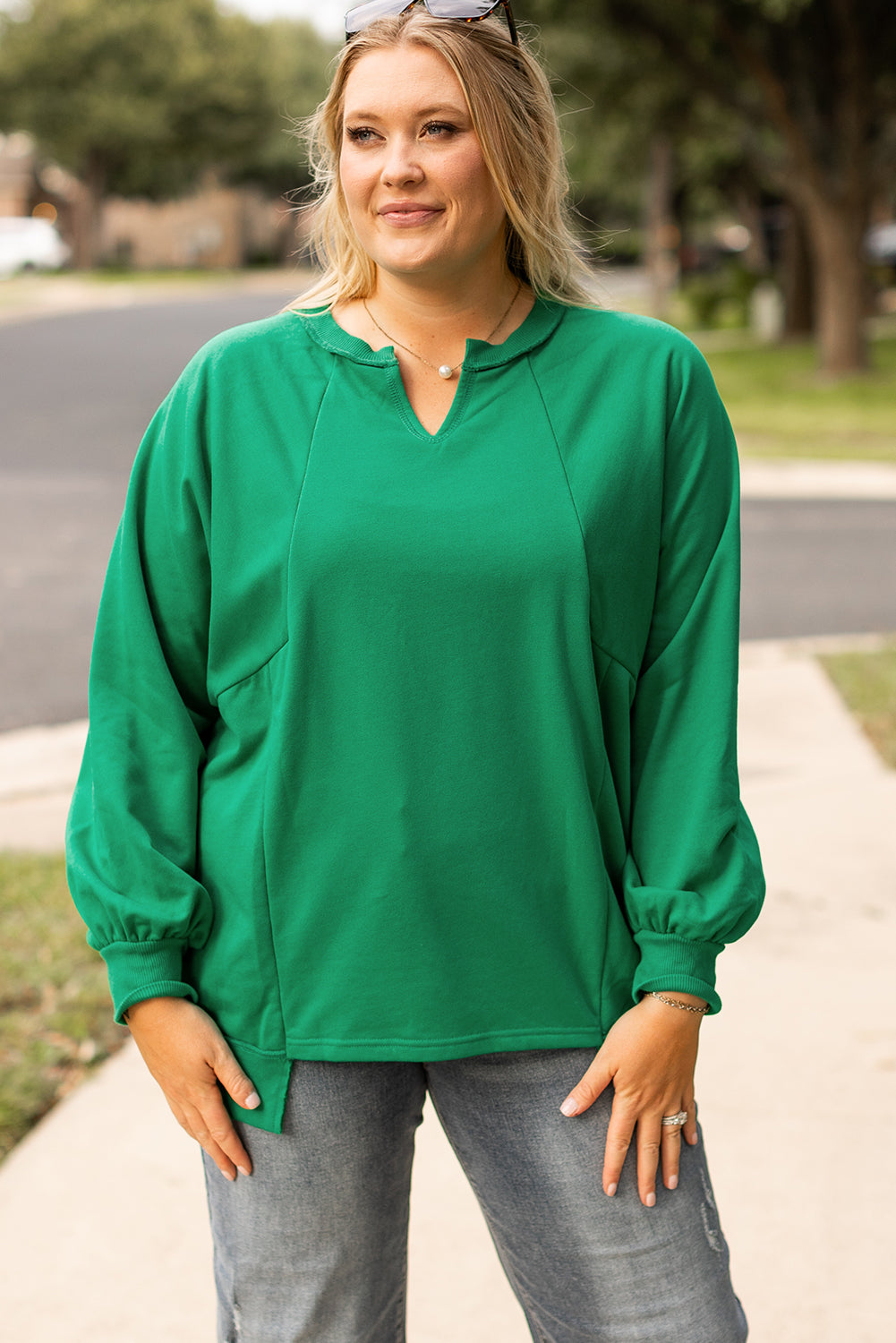 Bright Green Exposed Seam Notched Neck Drop Shoulder Sweatshirt