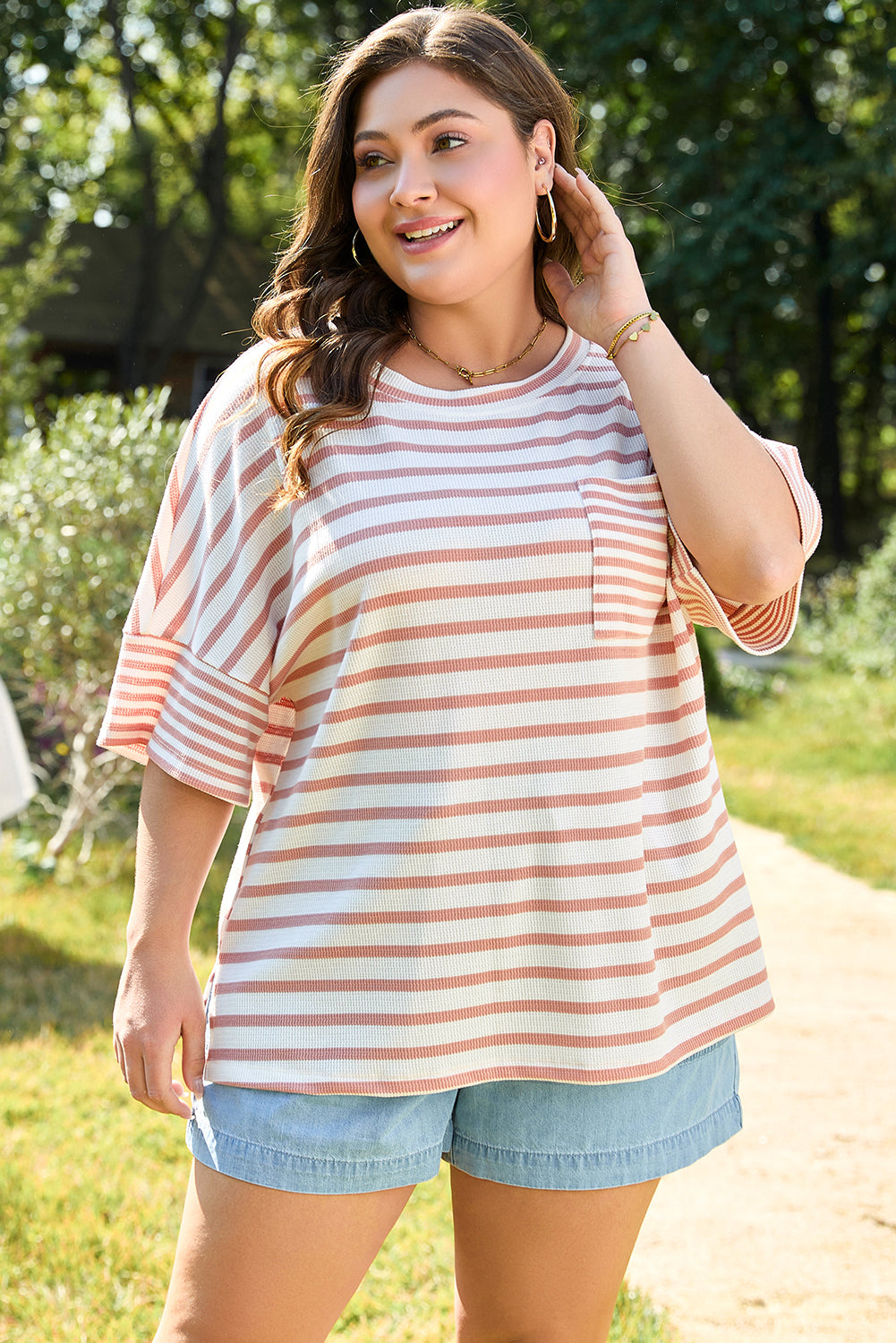 Pink Stripe Waffle Knit Pocketed Half Sleeve T Shirt