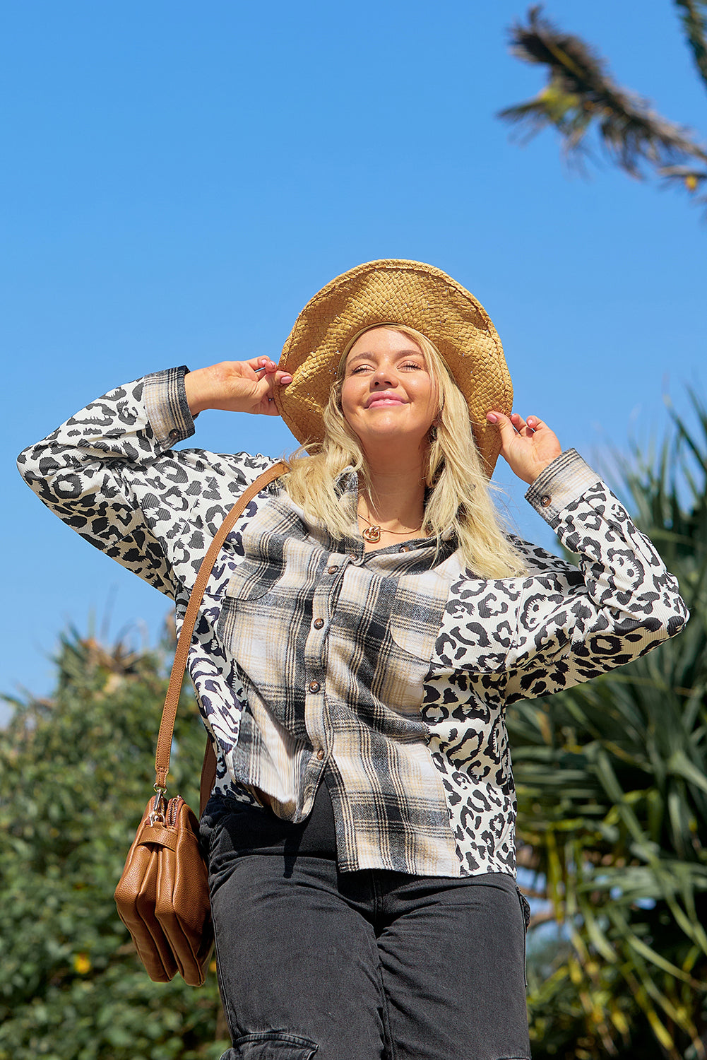 Black Plaid Leopard Printed Patchwork Button Up Shacket