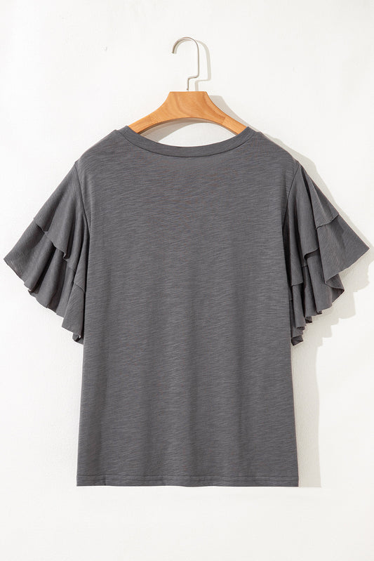 Dark Grey Double Ruffled Short Sleeve Top