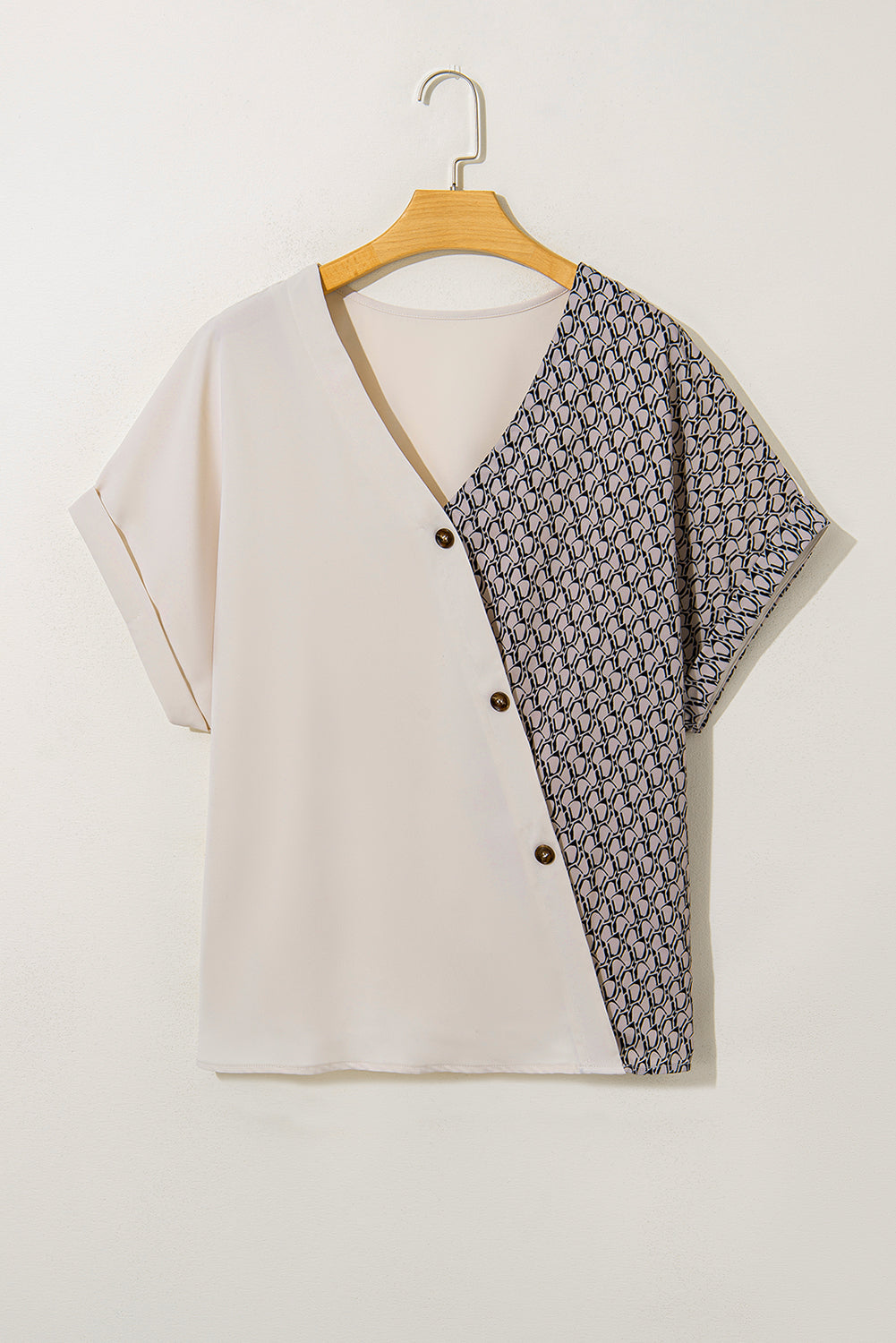 Oatmeal Contrast Geometric Print Patchwork V Neck Short Sleeve Top