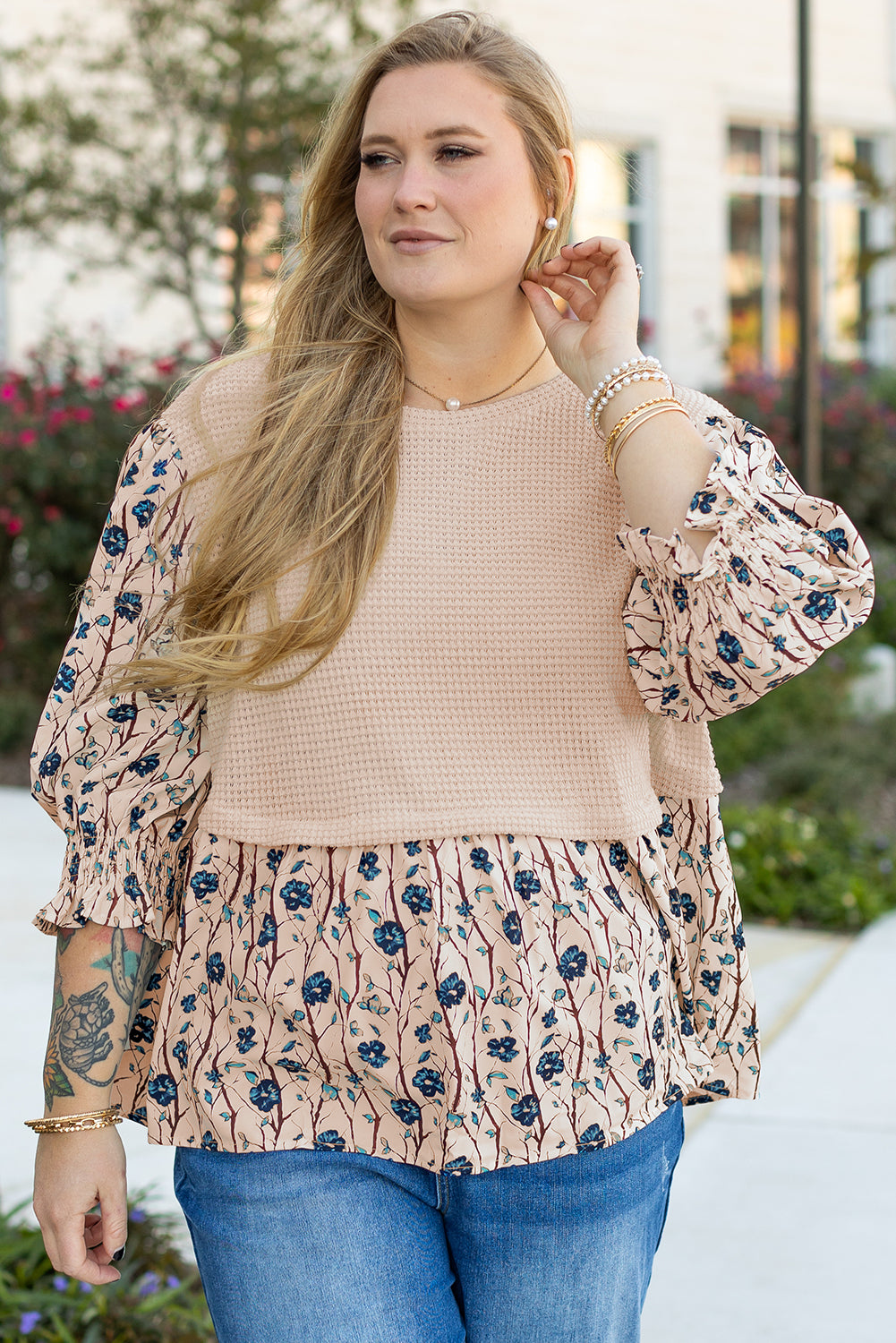 Beige Faux Two Piece Knit Patchwork Floral Print Top