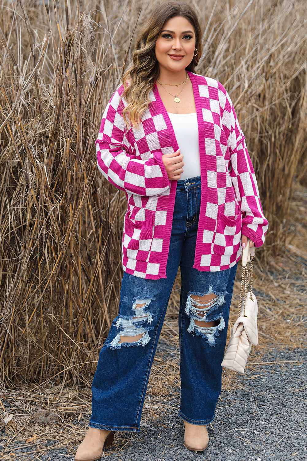 Bonbon Checkered Pattern Open Front Cardigan