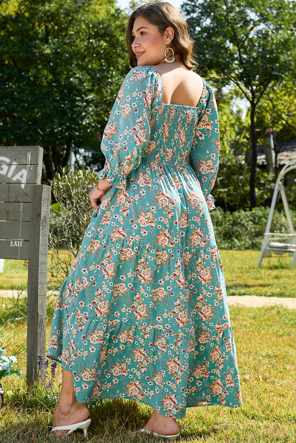 Green Floral Print Square Neck Smocked Maxi Dress