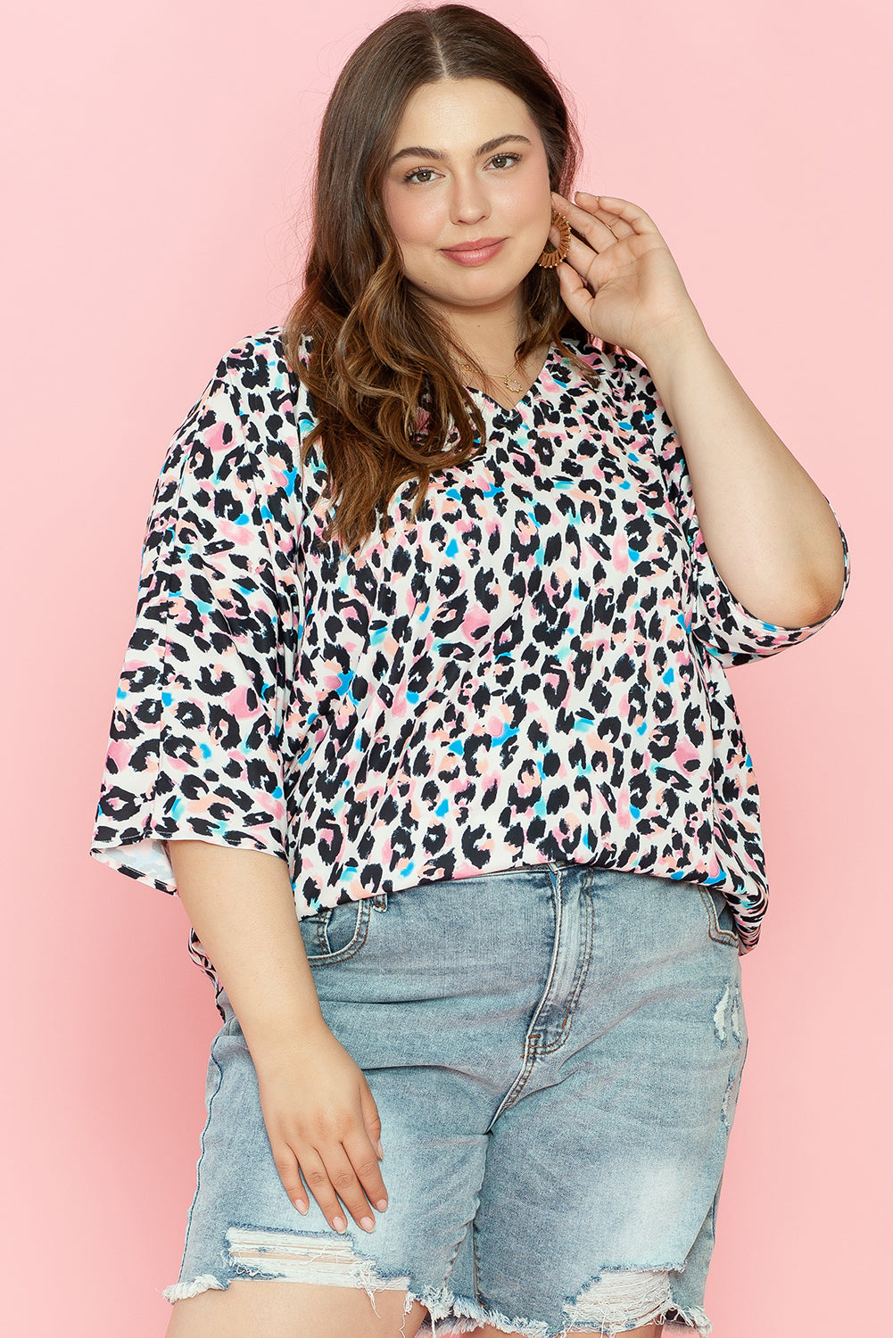 Brown Leopard Print V Neck Batwing Sleeve Top