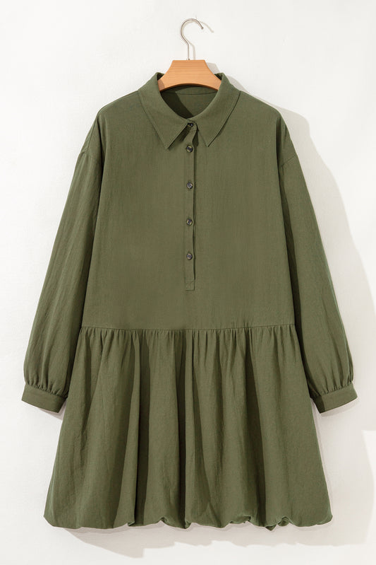 Four Leaf Clover Collar Half Button Long Sleeve Ruffle Hem Mini Dress
