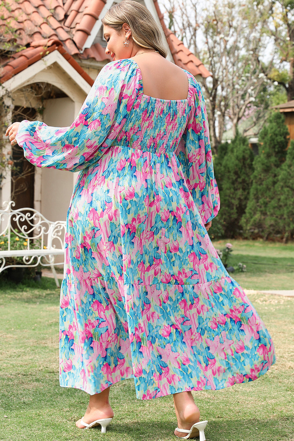 Sky Blue Floral Allover Print Shirred Square Neck Maxi Dress