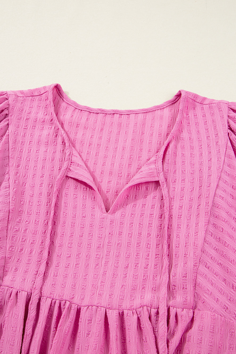 Sachet Pink Textured Tie Split Neck Puff Sleeve Flowy Mini Dress