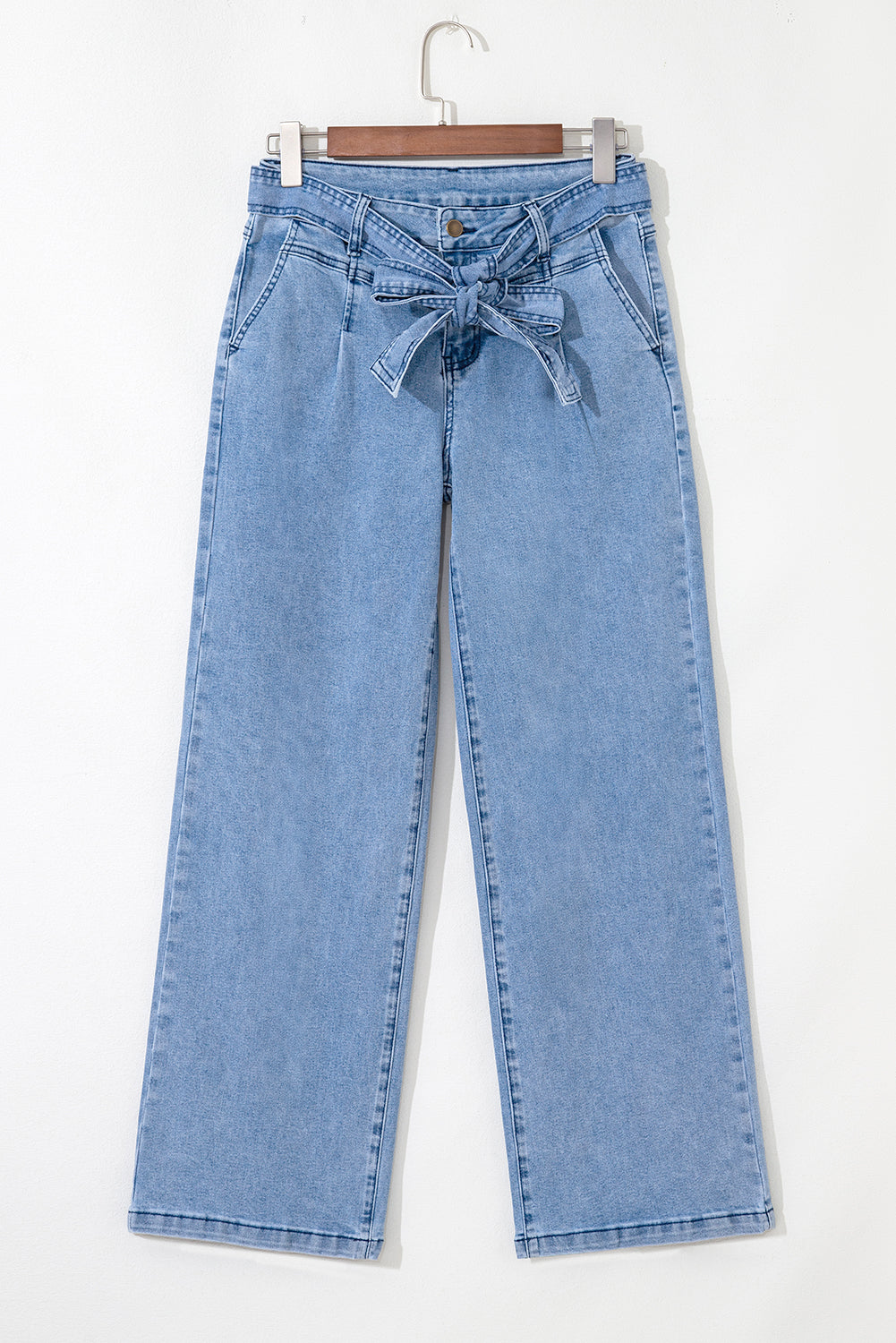 Beau Blue Western Washed Bow Knot Sash Wide Leg Jeans (Extended Sizes)