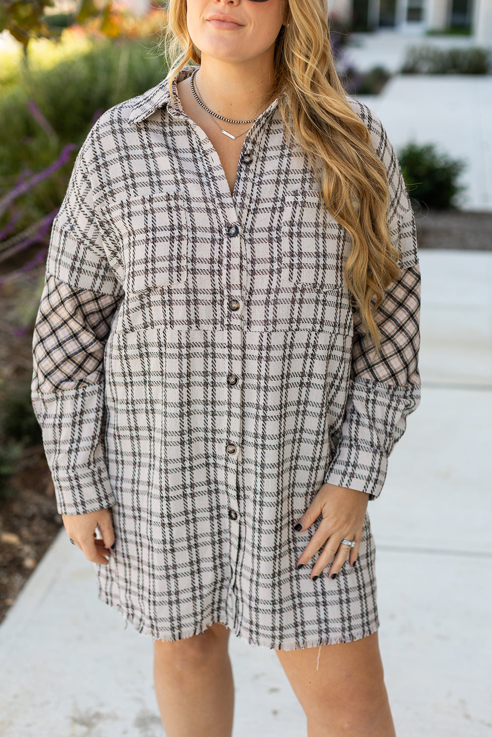 White Stripe Plaid Buttoned Raw Hem Tunic Shirt Dress