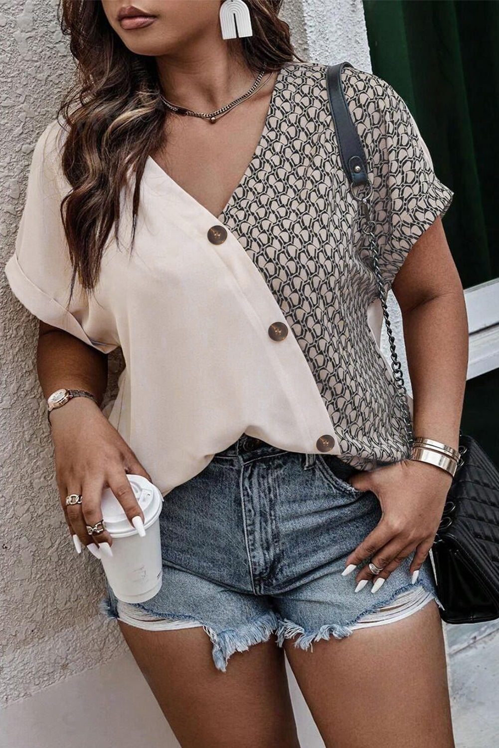 Oatmeal Contrast Geometric Print Patchwork V Neck Short Sleeve Top