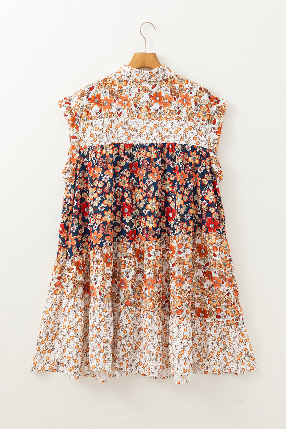 Beige Floral Patchwork Button Front Collared Mini Dress