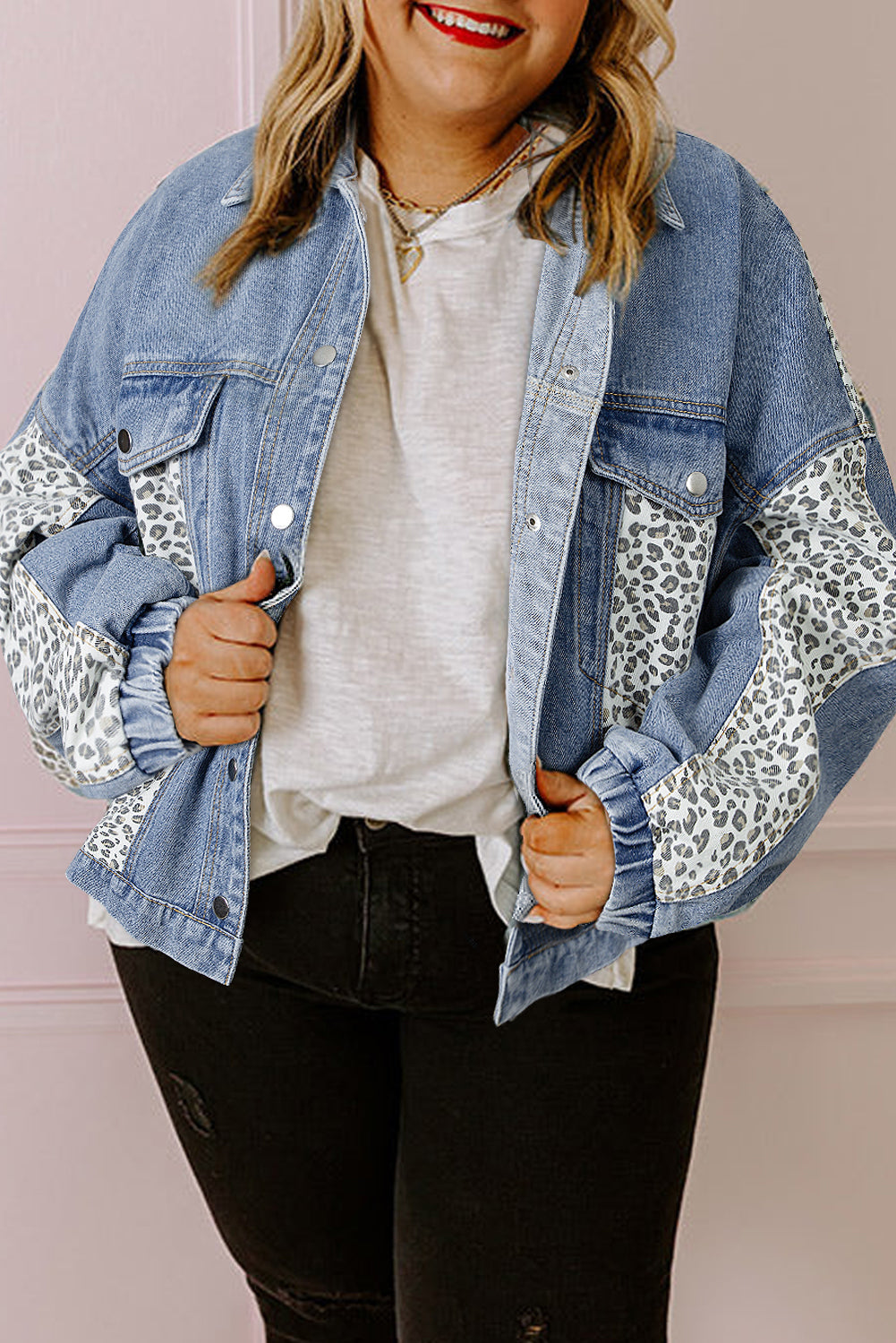 Beau Blue Leopard Patchwork Flap Detail Denim Jacket