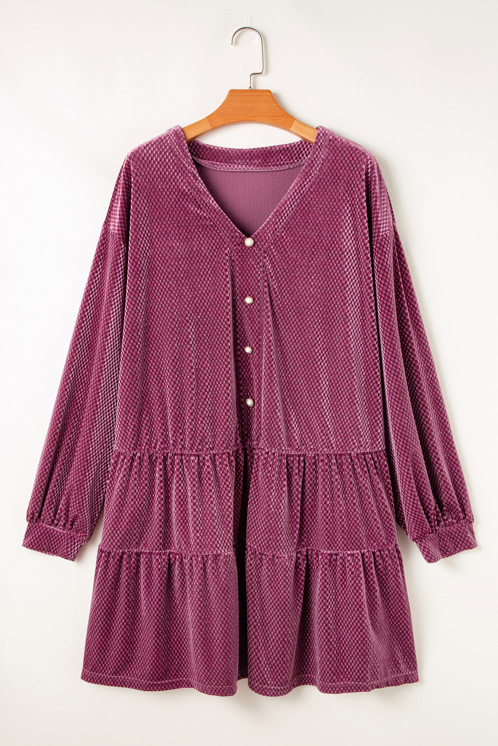 Meadow Mauve Textured Velvet Tiered Buttons Tiered Dress